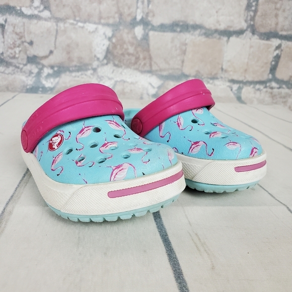 CROCS Crocband Clog Pale Turquoise Pink Flamingo  Pattern Size Baby 4-5 - Picture 3 of 12